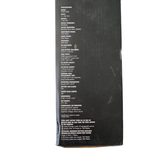 Power Drive 120W Cup Inverter 12 Volt AC Outlet USB 36" DC Cable NWB - Picture 10 of 12